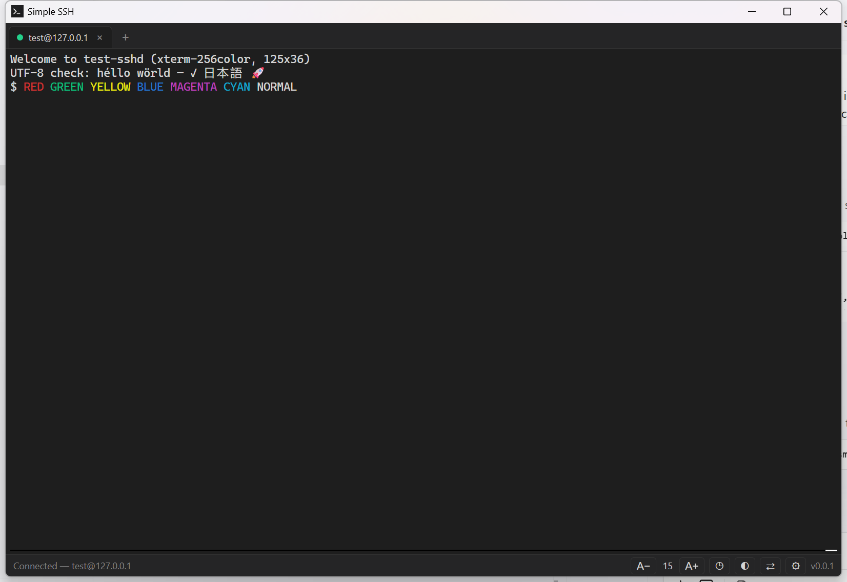 Simple SSH — tabbed terminal connected to a host, dark theme